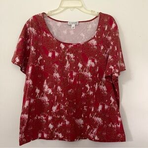 ST JOHN SPORT Red Gold White Print Stretch Cotton Jersey Scoop Neck T-Shirt L